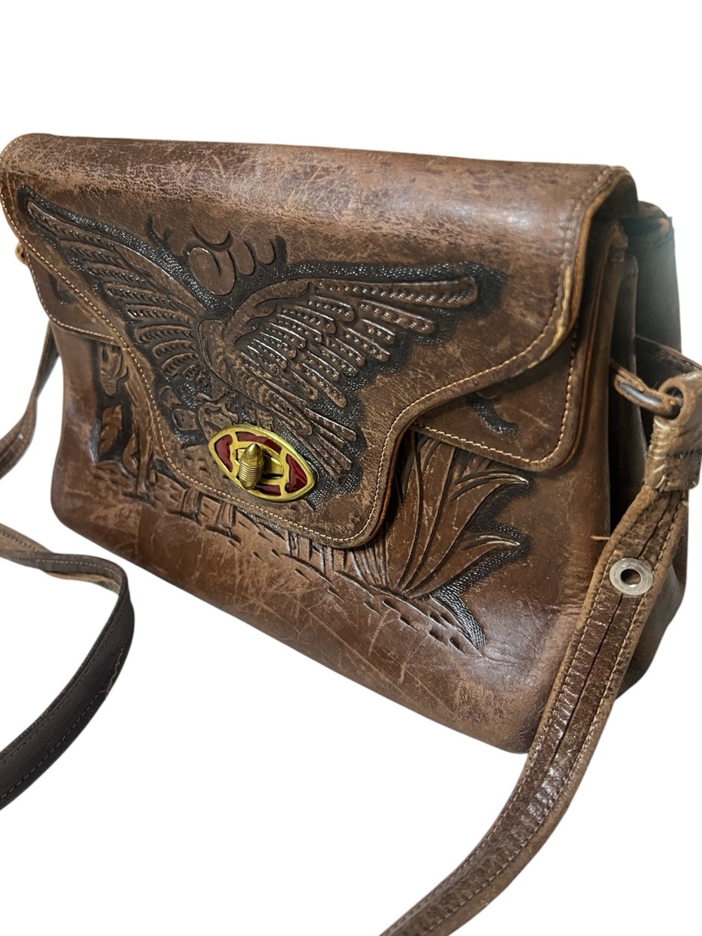 Vintage Mexican Tooled Leather Eagle Aztec Calendar Crossbody Bag Purse - Picture 2 of 14